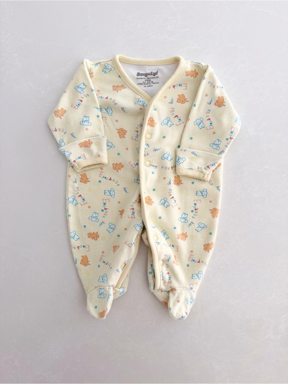 Vintage Snugabye Yellow Elephant Footed Sleeper Romper • Size Newborn